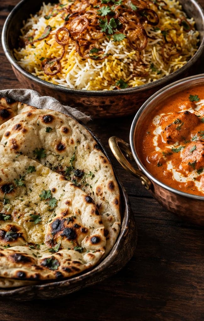 Knoblauch-Naan und Biryani mit goldbraunen Röstzwiebeln
